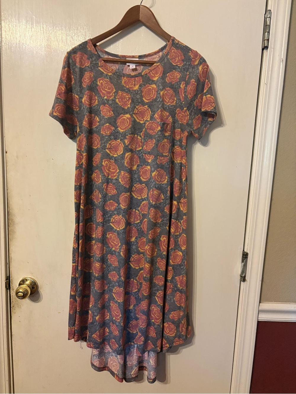 LuLaRoe Gray High-Low Carley Dress with Coral Rose Print Size Medium